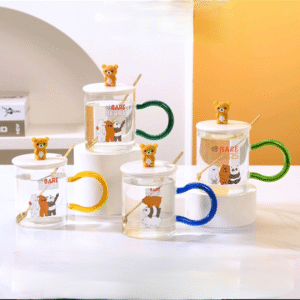 MT09585 TAZA VIDRIO CON MANGO DE COLORES 3 OSOS