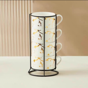 TAZA CERAMICA MARMO BLANCO X 4 APILABLE 2007505099360 CON PORTA TAZAS COLOR NEGRO, BLANCA Y ORO