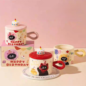 AA0198 TAZA CERAMICA FELIZ CUMPLE CON GATO NEGRO