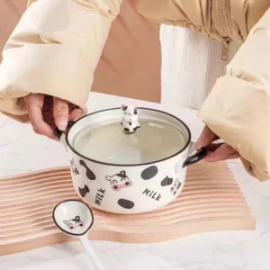 BOWL CERAMICA CON 2 ASAS Y TAPA DE VIDRIO VAQUITA FELIZ 2025080807972