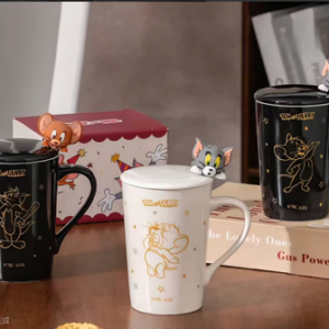 TAZA CERAMICA BLANCA Y NEGRA GATO Y RATON