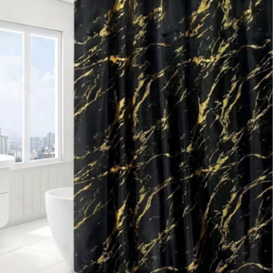 CORTINA BAÑO TELA TEFLON ANTIHONGO 180CM X 180CM, CON GANCHOS, NEGRO CON ORO