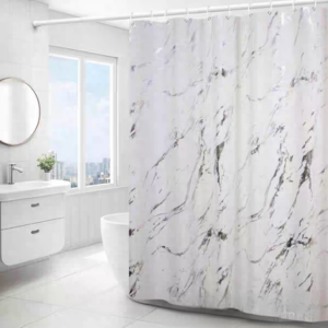 CORTINA DE BAÑO TELA TEFLON ANTIHONGO 180CM X 180CM, CON GANCHOS, BLANCO CON PLATA