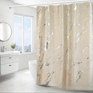 CORTINA DE BAÑO TELA TEFLON ANTIHONGO 180CM X 180CM, CON GANCHOS, BEIGE CON PLATA