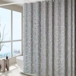CORTINA DE BAÑO TELA TEFLON ANTIHONGO 180CM X 180CM, CON GANCHOS, GRIS CON PLATA