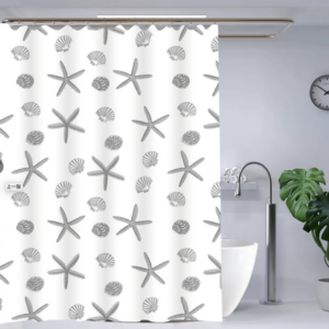 CORTINA DE BAÑO PVC ESTRELLAS DE MAR PLATEADA 2025080830291 180CM X 180CM, CON GANCHOS, FONDO TRANSPALENTE