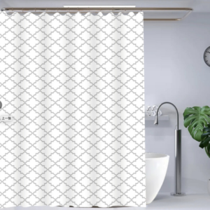 CORTINA DE BAÑO PVC DISEÑO CON PLATEADA 180CM X 180CM, CON GANCHOS, FONDO TRANSPALENTE