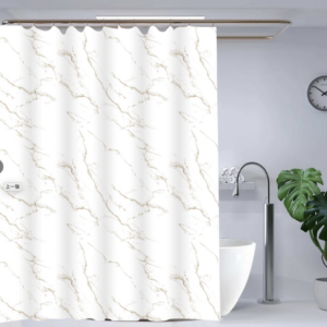 CORTINA DE BAÑO PVC MARMAL DORADO 180CM X 180CM, CON GANCHOS, FONDO TRANSPALENTE