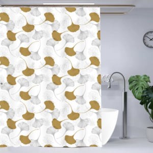 CORTINA DE BAÑO PVC HOJAS DORADOS 2025080830321 180CM X 180CM, CON GANCHOS, FONDO TRANSPALENTE