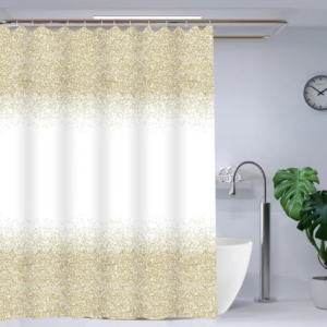 CORTINA DE BAÑO PVC PUNTOS DORADOS 180CM X 180CM, CON GANCHOS, FONDO TRANSPALENTE