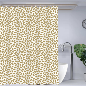 CORTINA DE BAÑO PVC HOJAS DORADOS 2025080830345 180CM X 180CM, CON GANCHOS, FONDO TRANSPALENTE
