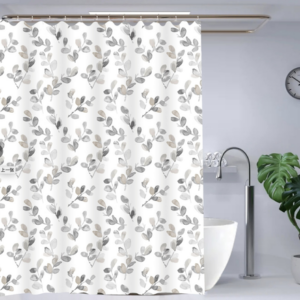 CORTINA DE BAÑO PVC HOJAS ESTILO ORIENTA 2025080830352 180CM X 180CM, CON GANCHOS, FONDO TRANSPALENTE