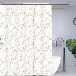 CORTINA DE BAÑO PVC ESTILO PIEDRA DORADO 180CM X 180CM, CON GANCHOS, FONDO TRANSPALENTE