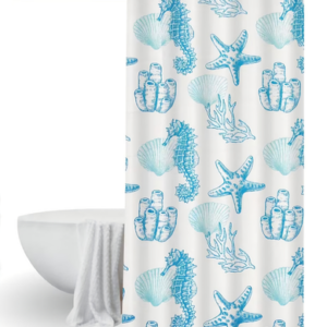 CORTINA DE BAÑO TELA TEFLON ANTIHONGO CABALLOS DE MAR 180CM X 180CM, CON GANCHOS