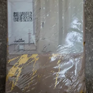 CORTINA BAÑO TELA TEFLON ANTIHONGO 180CM X 180CM, CON GANCHOS, BEIGE CON ORO