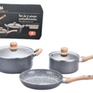 SET DE 5 PCS GRIS ANTIHADERENTE CON ASA DE MADERA