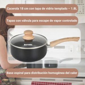 CACEROLA N° 18 NEGRA ANTIHADERENTE CON MANGO DE MADERA
