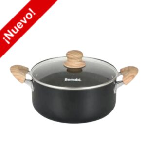 CACEROLA N° 22 NEGRA ANTIHADERENTE CON ASA DE MADERA