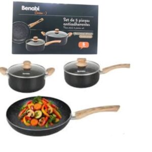 SET DE 5 PCS NEGRA ANTIHADERENTE CON ASA DE MADERA
