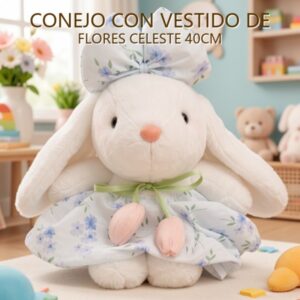 CONEJO CON VESTIDO DE FLORES CELESTE 40CM