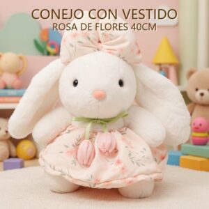 CONEJO CON VESTIDO ROSA DE FLORES 40CM