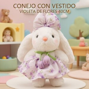 CONEJO CON VESTIDO VIOLETA DE FLORES 40CM