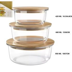 SET TAPPER DE VIDRIO CON TAPA DE BAMBU X 3 PCS