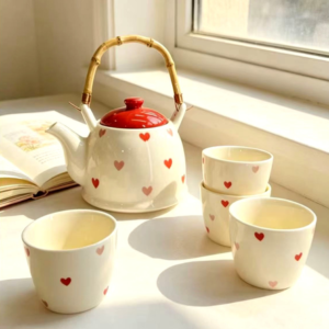 SET DE TE CERAMICA CON CORAZONES 1 TETERA + 4 VASOS