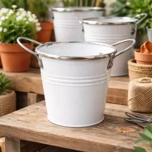 Maceta Recipiente Metal Multi Uso Blanco Con Manija