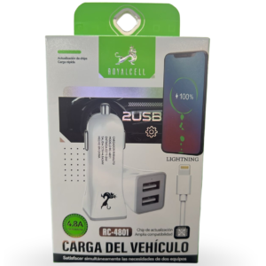 Rc-4801 cargador auto 4.8a 2usb-iph 1mt 13512