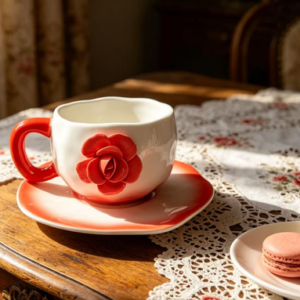 TAZA CERAMICA DE CAFE CON PLATO Y FLOR COLOR NARANJA