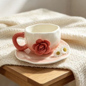 TAZA CON PLATO CERAMICA DE CAFE CON FLOR COLOR ROSA