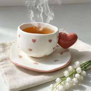 TAZA CON PLATO CERAMICA DE CAFE CON MANGO DE FORMA CORAZON
